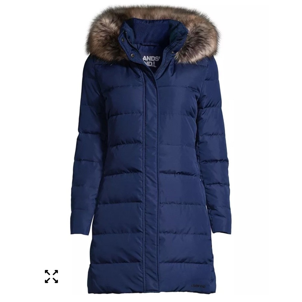 Lands End Women Navy Blue Hooded Down Parka Winter Coat Faux Fur Trim Large NWT